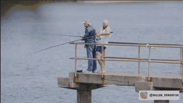 two men are fishing on a dock with a caption that says willem_powerfish