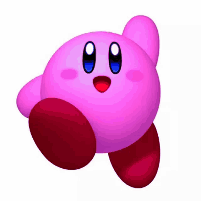a pink kirby with blue eyes and red feet is flying in the air