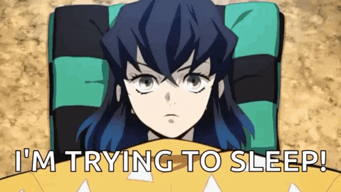 a person is laying in bed with a pillow and the words `` i 'm trying to sleep '' written on the bottom