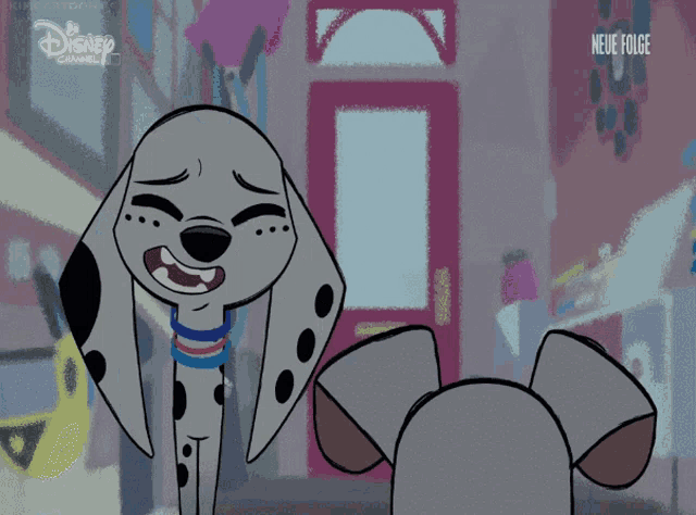 a dalmatian dog is standing next to another dalmatian dog in a disney cartoon