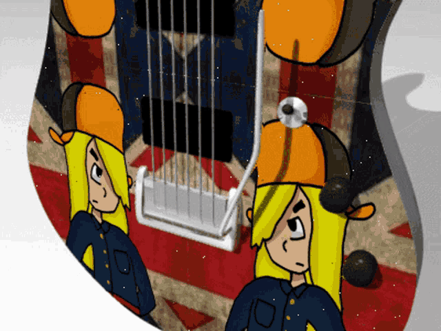 a cartoon of a girl playing a guitar with a british flag on it