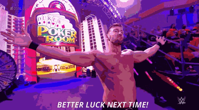 a man with his arms outstretched stands in front of a sign that says duke 's poker room