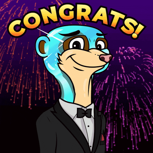 a meerkat in a tuxedo says congrats with fireworks behind him