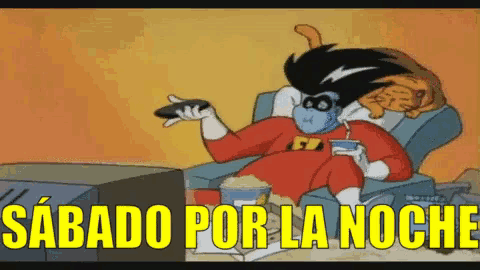 a cartoon of a man sitting in front of a tv with the words sabado por la noche written in yellow
