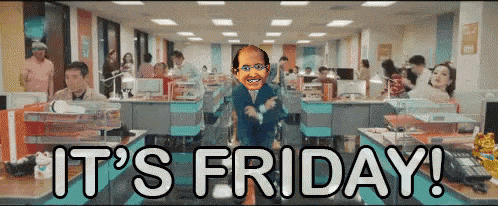 a man dancing in an office with the words it 's friday behind him