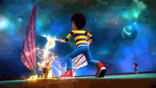 a cartoon character in a yellow and blue striped shirt is running