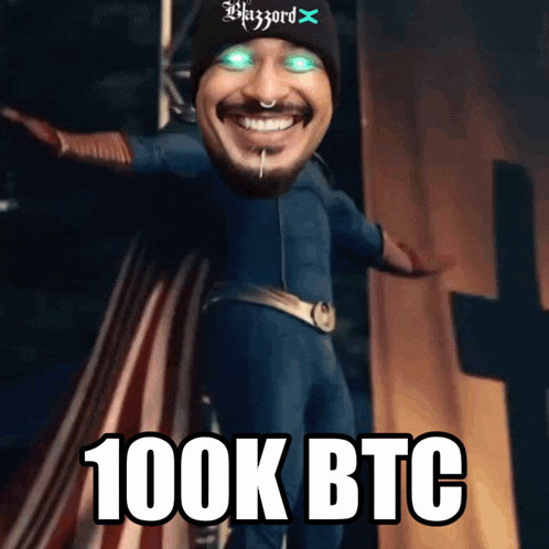 a man in a superhero costume with the words 100k btc written below him