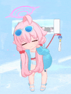 a cartoon girl with pink hair and sunglasses is standing on a blue surface