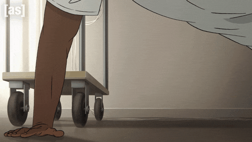 a cartoon drawing of a person standing next to a cart that says ' as ' on the bottom right