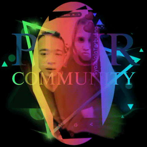 the word community is on a colorful background with two people