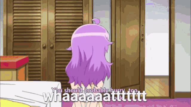 a girl with purple hair is standing in front of a door that says you should probably