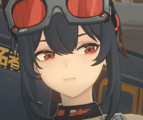 a close up of a girl 's face wearing goggles and a choker with chinese characters on it