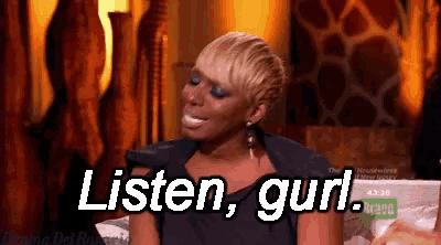 a woman sitting on a couch with the words listen gurl written on the screen
