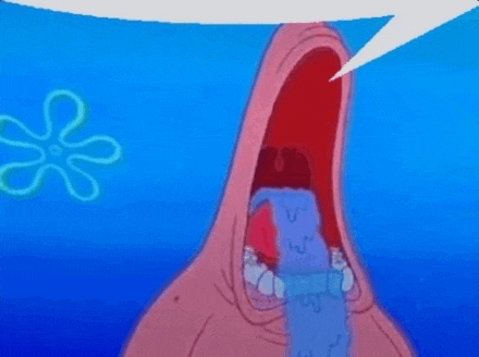 patrick star from spongebob squarepants is crying with his mouth open and a speech bubble in the background .