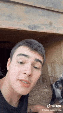 a man with a tattoo on his arm looks at the camera with a dog in the background and a tiktok watermark at the bottom