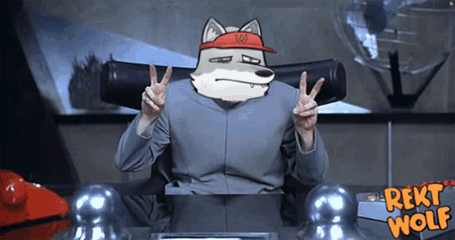 a cartoon of a man with a wolf head giving a peace sign in front of a sign that says rekt wolf