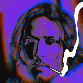 a painting of a man smoking a cigarette with a purple background