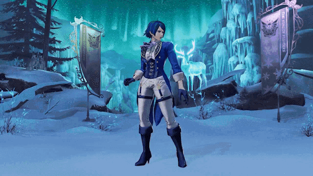 a man in a blue and white outfit stands in a snowy area