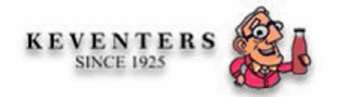 a logo for keventers since 1925 with a cartoon of a man holding a bottle .