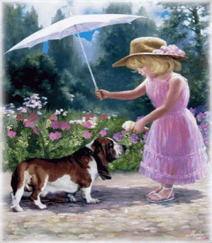 a girl in a pink dress is holding an umbrella over a dog