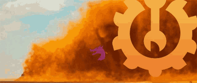 a purple dragon is flying in front of a large orange flame