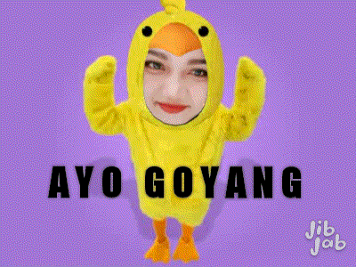 a woman in a chicken costume says ayo goyang on a purple background