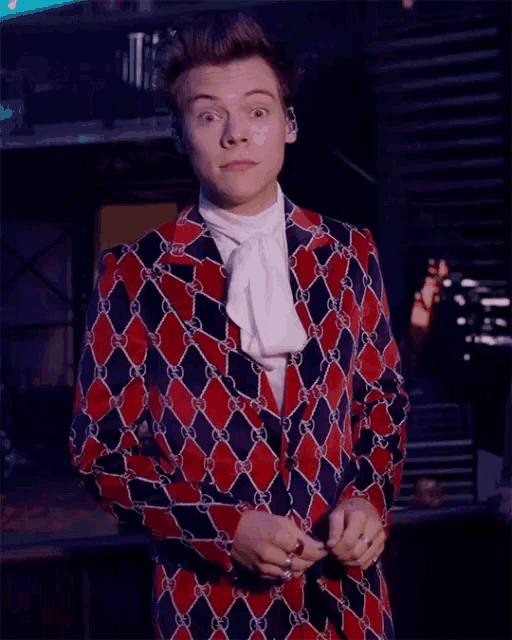 harry styles is wearing a red and black suit with a gucci pattern and a white shirt .