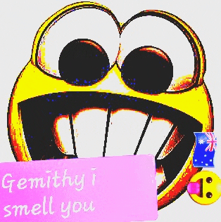 a cartoon smiley face holding a pink sign that says " gemithy i smell you "
