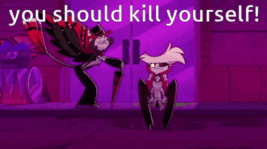 a cartoon character says you should kill yourself while standing next to another cartoon character .