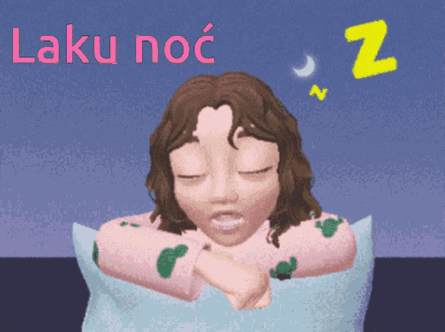 a cartoon girl is sleeping on a pillow with the words laku noc written above her