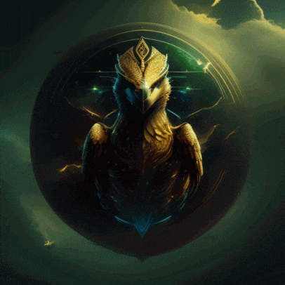 a bird with a crown on its head is in a circle with lightning in the background