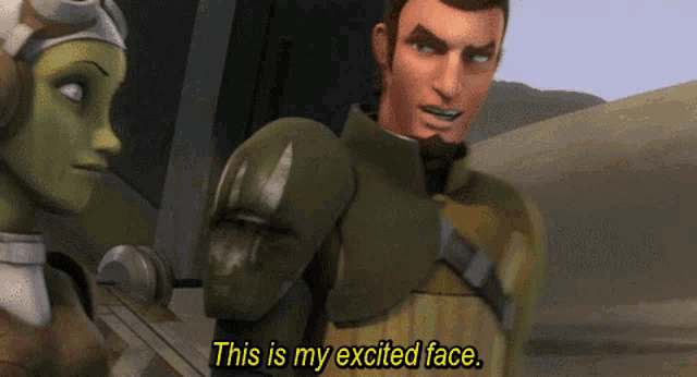 a man and a woman are standing next to each other and the man says this is my excited face