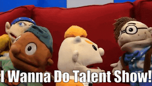 a group of puppets sitting on a red couch with the words " i wanna do talent show "