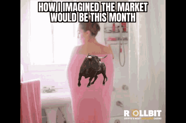 a woman wrapped in a pink towel with a bull on her back and the words how i imagined the market would be this month