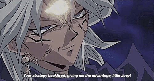 a close up of a cartoon character with the words " your strategy backfired giving me the advantage little joey "