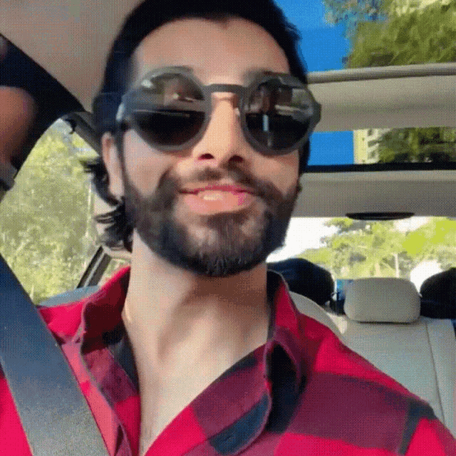 a man with a beard is wearing sunglasses and a red plaid shirt