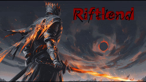a knight holding a sword with riftland written in red