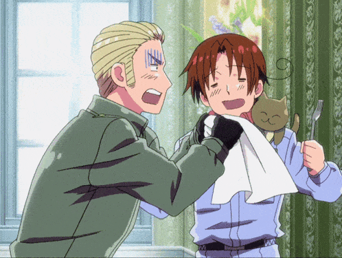 two anime characters are standing next to each other with one holding a fork