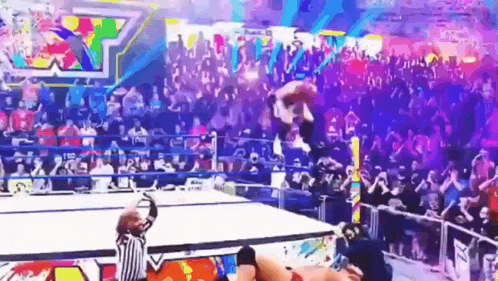 a referee is standing in the middle of a wrestling ring while a wrestler is jumping in the air .