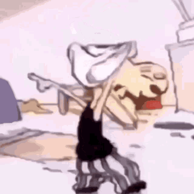 a cartoon character is standing in a room with a pillow in his hand .
