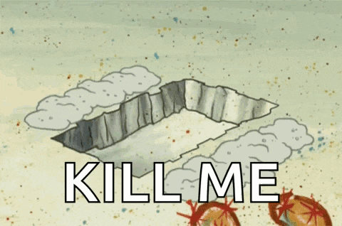 spongebob squarepants is holding a hammer and the words `` kill me '' are written on the ground .