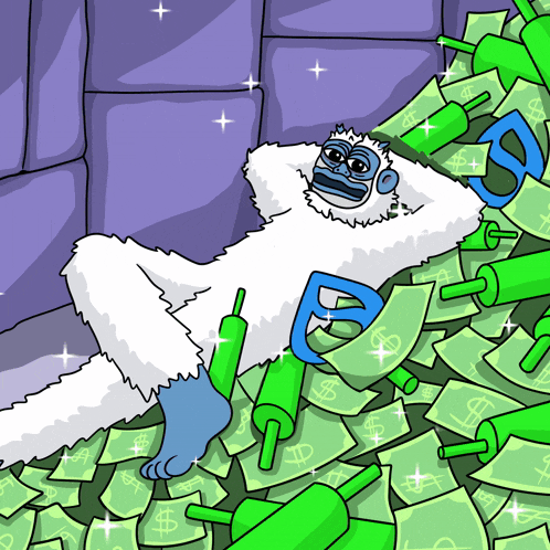 a yeti is laying on a pile of money