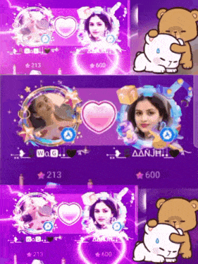 a purple background with a picture of a woman and a teddy bear and the number 213 on it