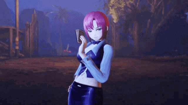 a girl with pink hair is holding a card and says as you wish