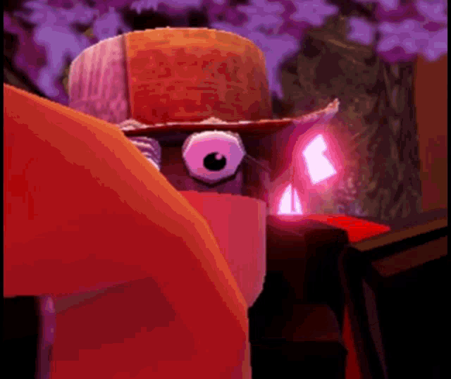 a cartoon character wearing a cowboy hat has a purple eye