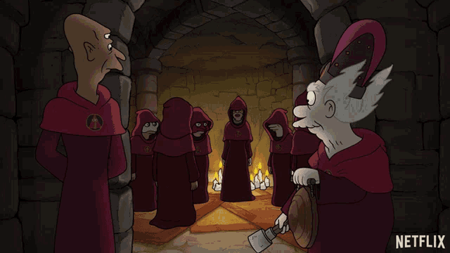 a group of cartoon characters are standing in a room with netflix written on the bottom