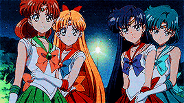 a group of anime girls are standing next to each other in a row .