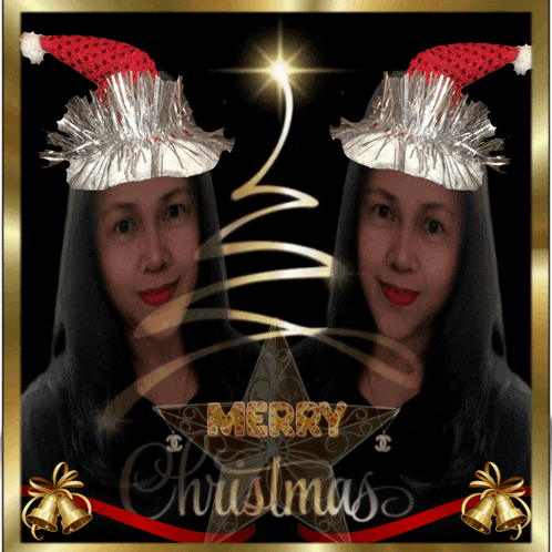 a christmas card with two women wearing santa hats and the word merry christmas