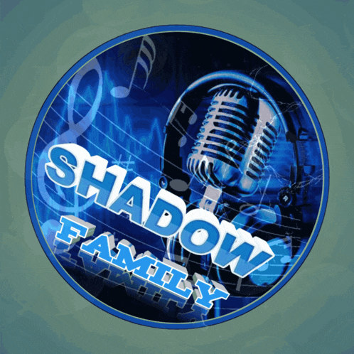 a logo for the shadow family with a microphone and headphones