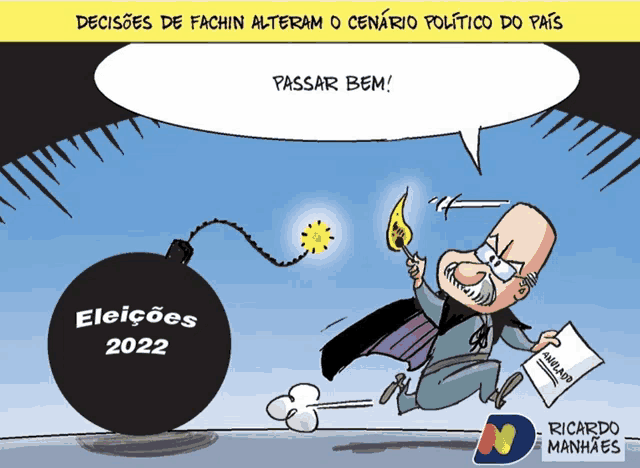 a cartoon shows a man holding a lighter and a bomb that says eleiçoes 2022